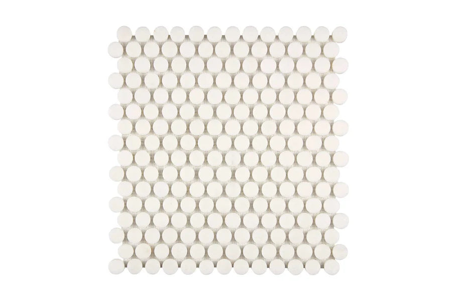 white thassos greek marble elongated penny round mosaic tile commercial and residential interior and exterior shower backsplash countertop deck patio wall floor decorative