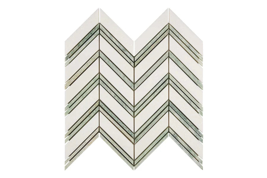 white thassos greek marble chevron mosaic tile with green ming marble stripes commercial and residential interior and exterior shower backsplash countertop deck patio wall floor decorative