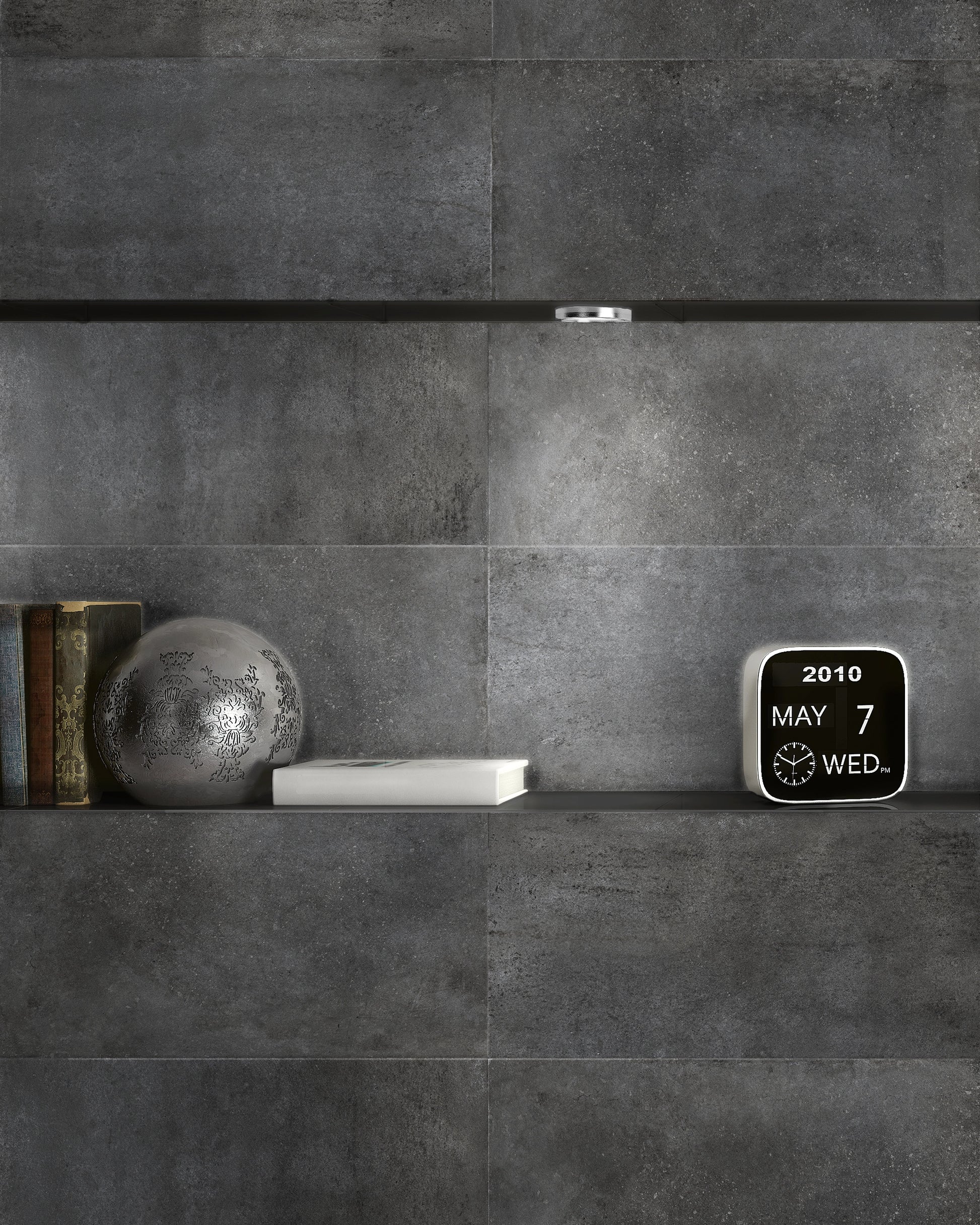 Charcoal Steel 12x24 Porcelain Tiles integrating with a modern wall design in private residence.