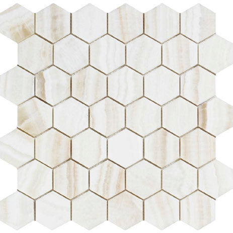Vanilla Onyx Stone 2-In hexagon mosaic tile with polished finish and vein-cut design for elegant interiors.