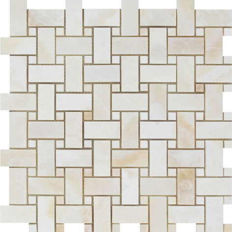Vanilla Onyx Stone Basketweave Mosaic Tile in polished cross-cut for elegant interiors.