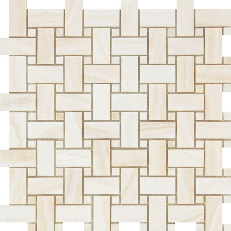 Polished vein-cut Vanilla Onyx Basketweave Mosaic Tile for luxurious walls and floors.