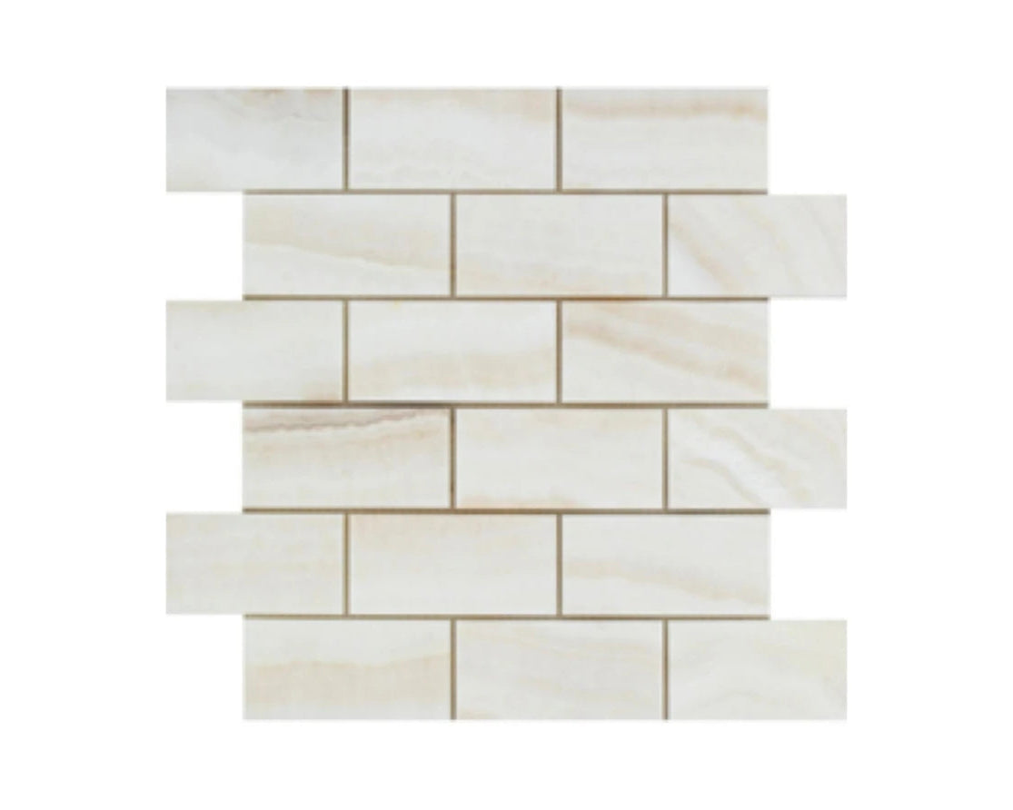 2x4 Subway mosaic tile sheet in soft beige onyx with rectangular pieces arranged in a classic brick pattern.