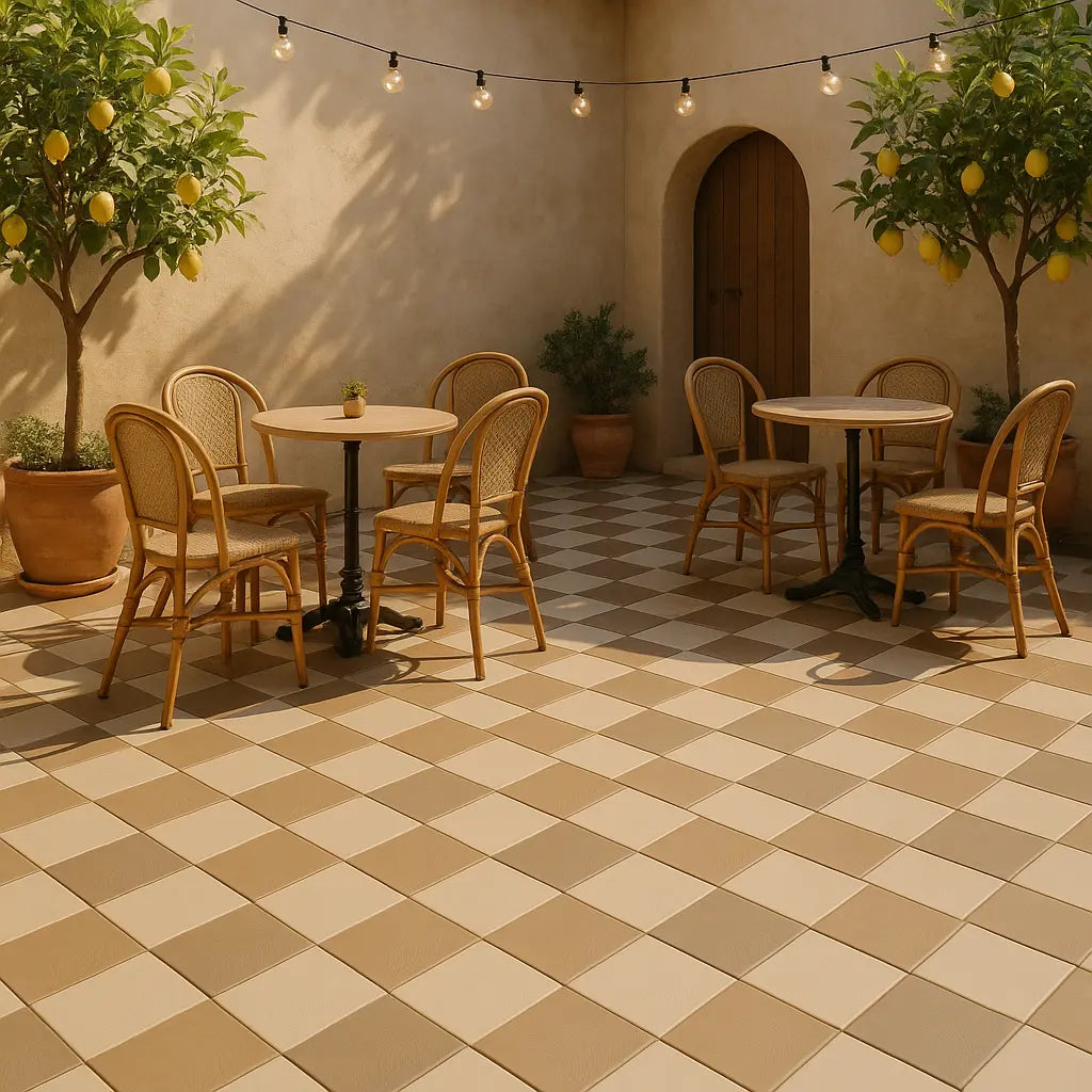 Mediterranean courtyard café scene featuring warm neutral checkerboard floor