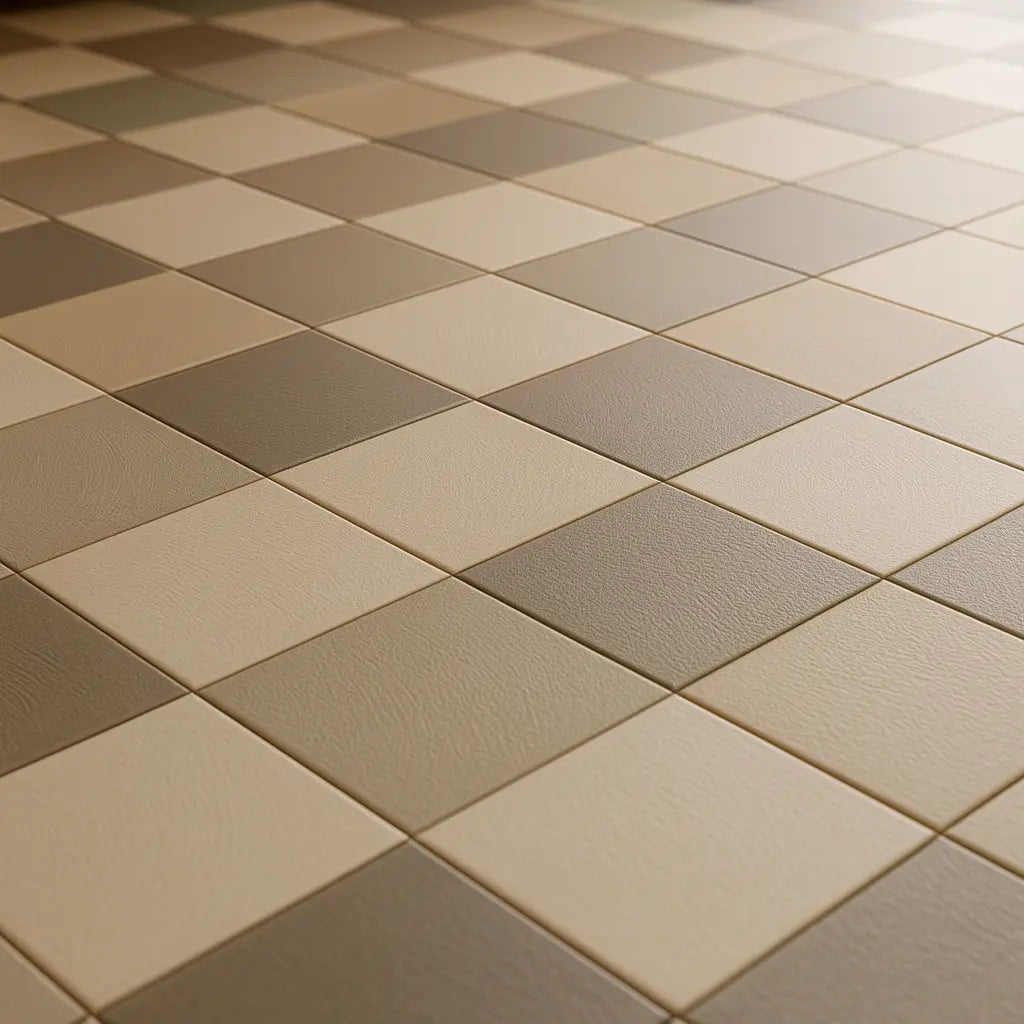 Angled floor close-up of warm neutral checkerboard porcelain tiles