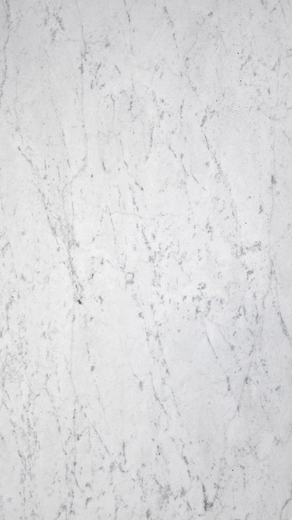 White Carrara Gioia marble large format tiles with a soft white background and subtle grey veining, showcasing a classic and refined look ideal for both modern and traditional spaces. 