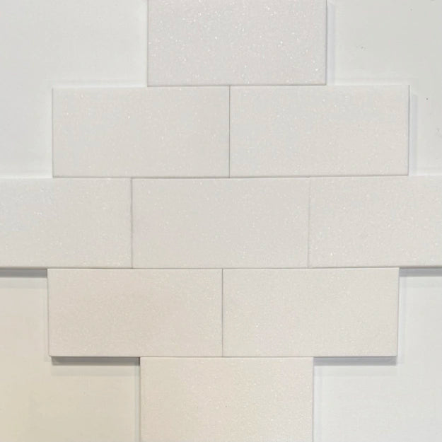 3x6 White Thassos marble subway tile layout, highlighting its pure white surface and clean design, perfect for kitchens and bathrooms.
