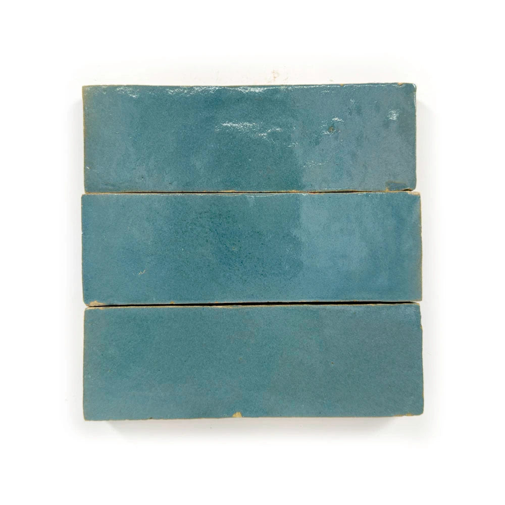 Azure Medina Zellige 2x6 handmade Moroccan subway tile, glossy finish