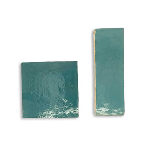 Azure Medina glossy handmade Moroccan Zellige in 2×6 and 4×4 formats.