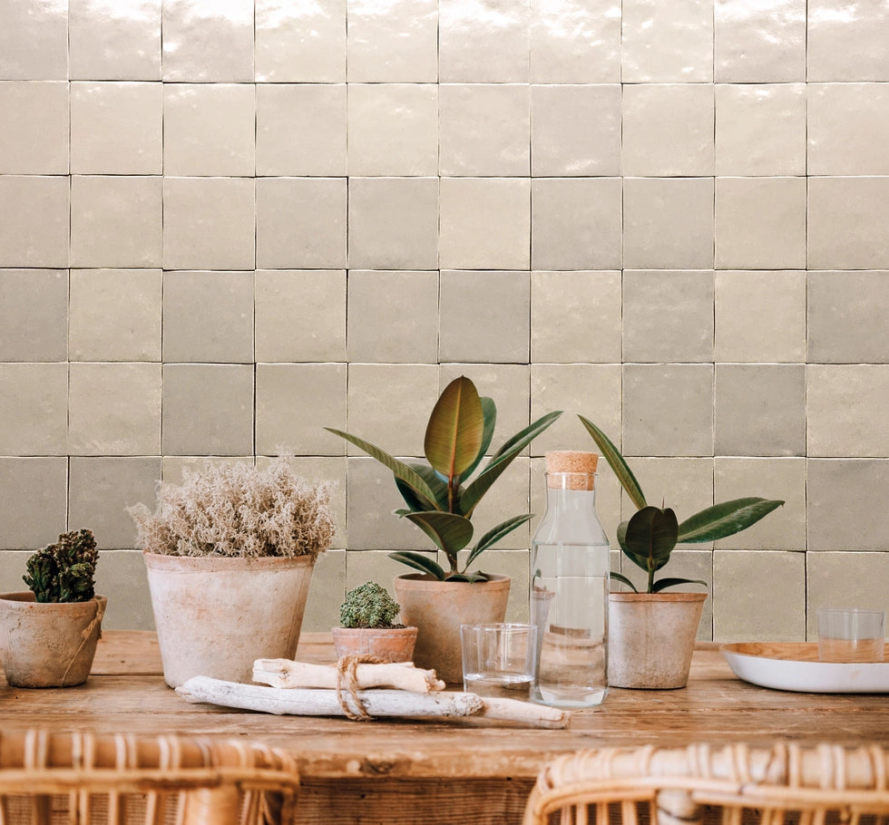 Tantan Beige 4x4 ceramic tile bringing warm, natural tones to a cozy kitchen wall.