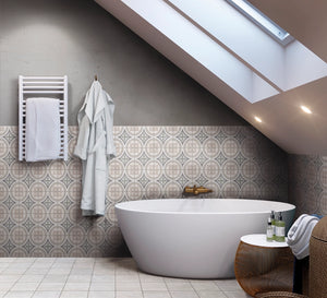 Zellige Charm collection reference: Oasis Pattern 8×8 porcelain tile on a bathroom wall.