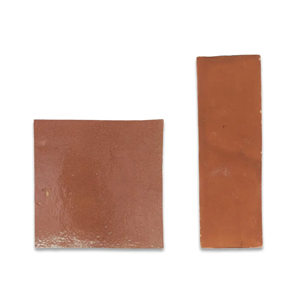 Close-up of Terracotta Rouge Zellige showing handmade surface variation