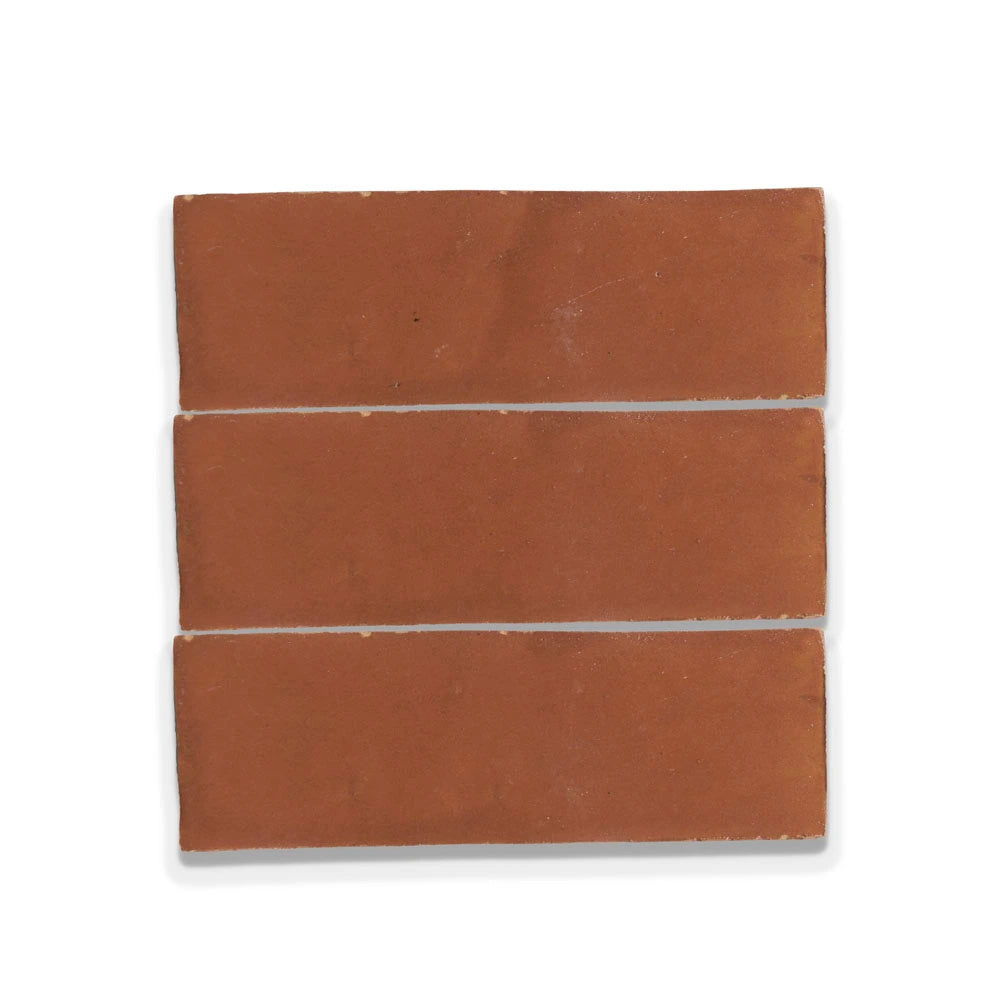 Zellige Wall Tiles – Moroccan Handcrafted Elegance_Terracotta Rouge color in 2x6_showcasing the variation of color and the hand-cut size