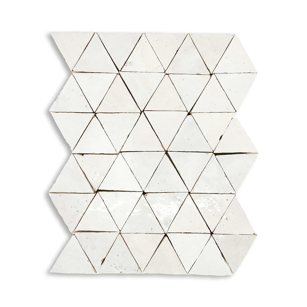 Glossy Moroccan Zellige Triangle mosaic installed as a decorative wall surface.