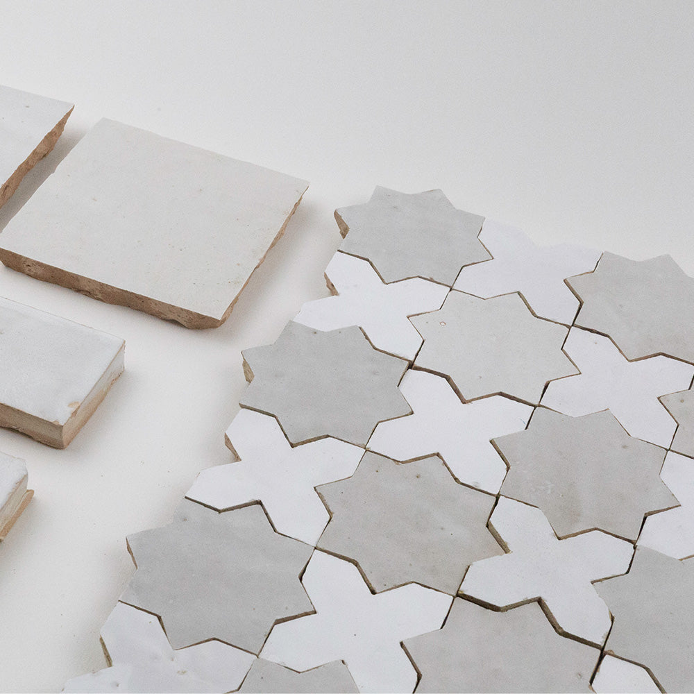 Handmade Moroccan Zellige Starburst mosaic in Casablanca White and Terracotta Rouge