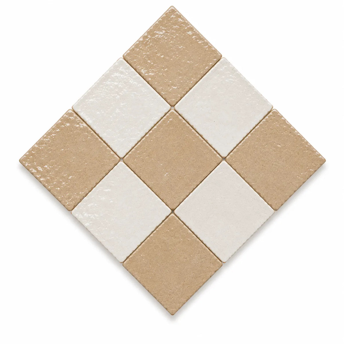 Adeline 4×4 Zellige checkerboard in a 45-degree diamond layout, Sand & Ivory.