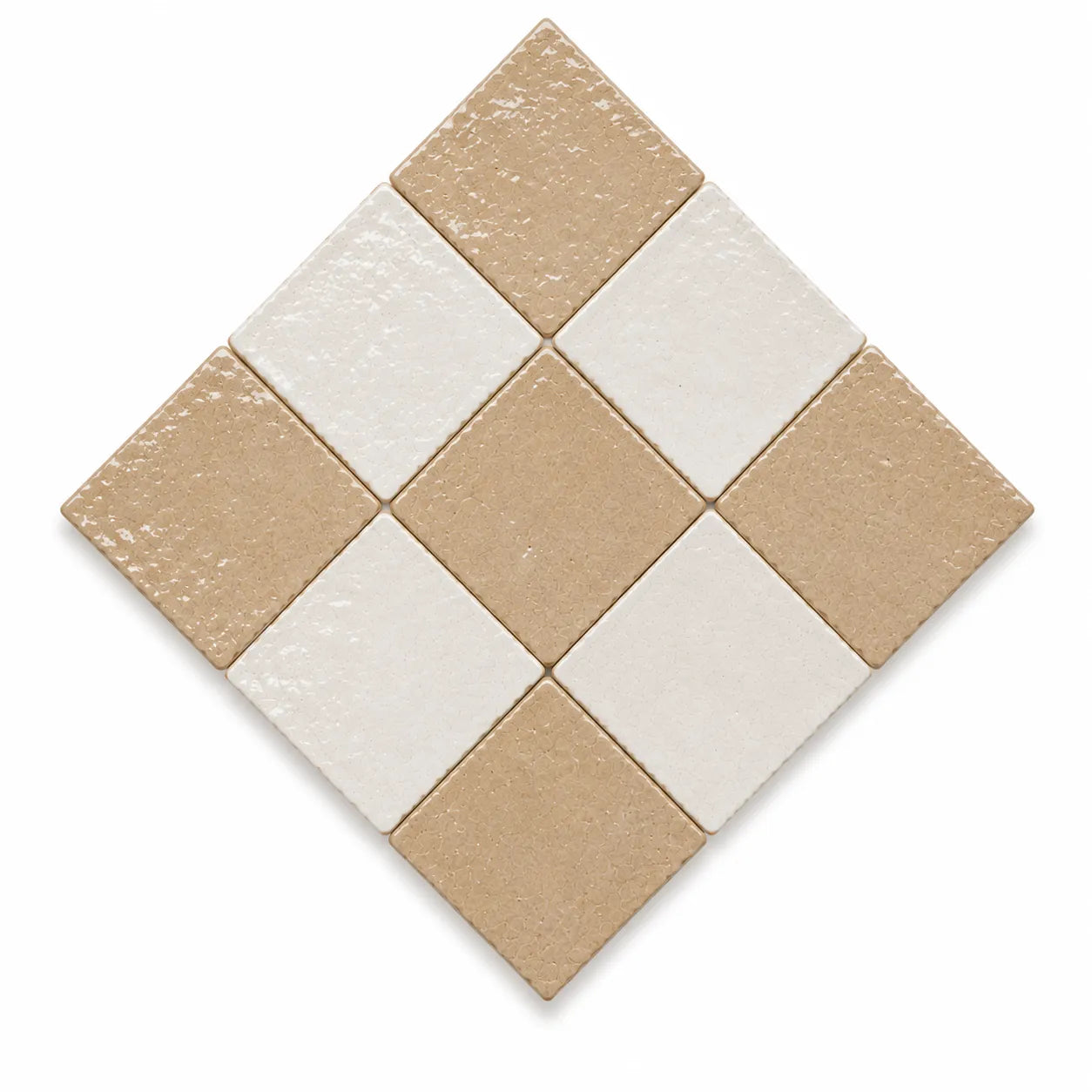 Adeline Checkerboard Zellige Tile displayed in a 45-degree diamond layout featuring Warm Sand and Ivory Moroccan Zellige.