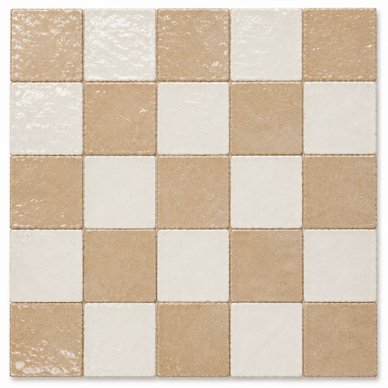 Adeline 4×4 glossy Zellige checkerboard tile in Sand & Ivory.
