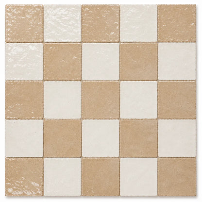Adeline Checkerboard Zellige Tile featuring handcrafted Warm Sand and Ivory Moroccan Zellige in a classic checkerboard pattern.