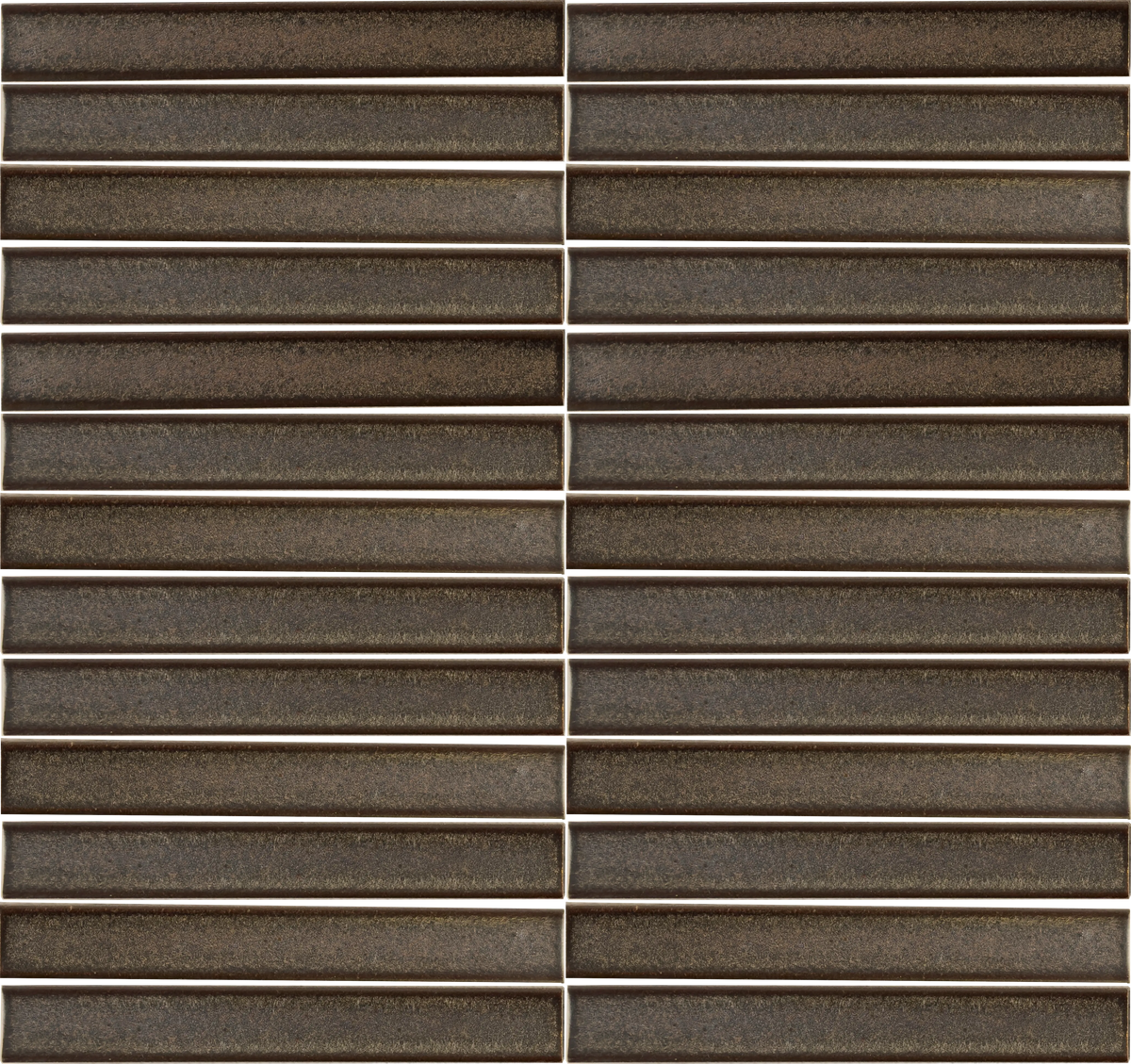 Arcelle Smoked Umber 1×6 concave porcelain mosaic sheet with a matte brown reactive glaze
