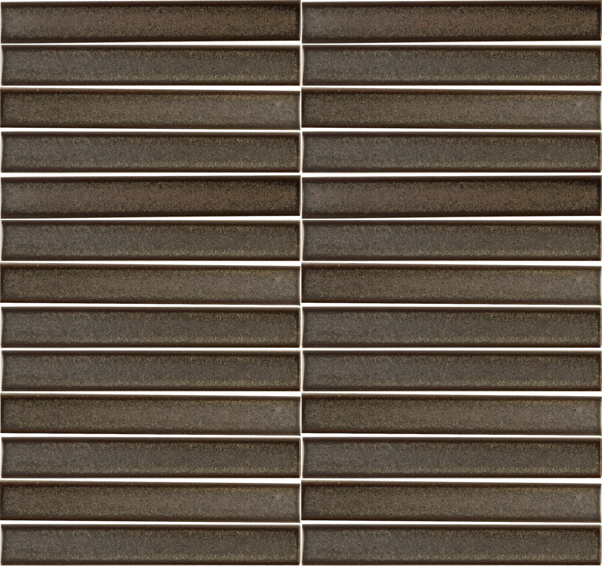 Arcelle Smoked Umber 1×6 concave porcelain mosaic sheet with a matte brown reactive glaze
