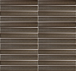 Arcelle Smoked Umber 1×6 concave porcelain mosaic sheet with a matte brown reactive glaze
