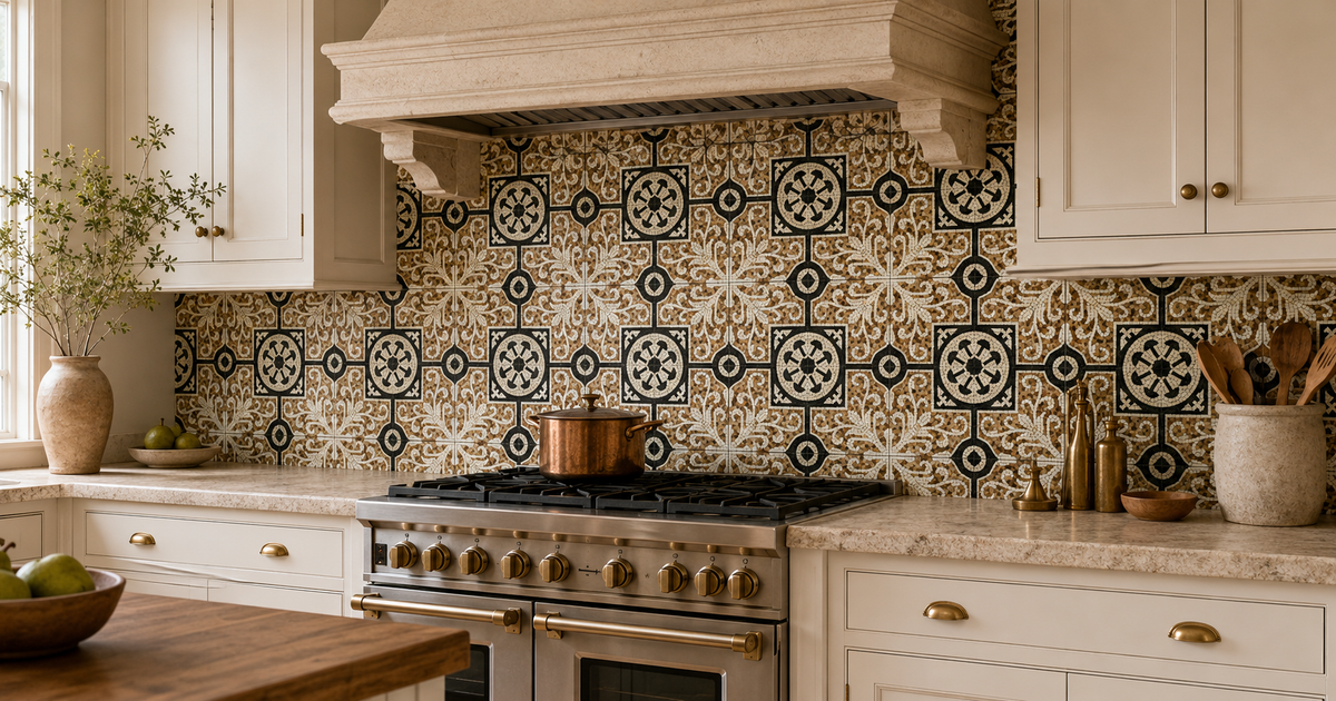 Classic ivory kitchen featuring a handcrafted natural stone mosaic backsplash.