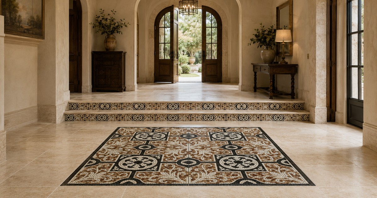 Luxury home entry with large-format Ivory travertine, a custom mosaic medallion, and matching stair risers.