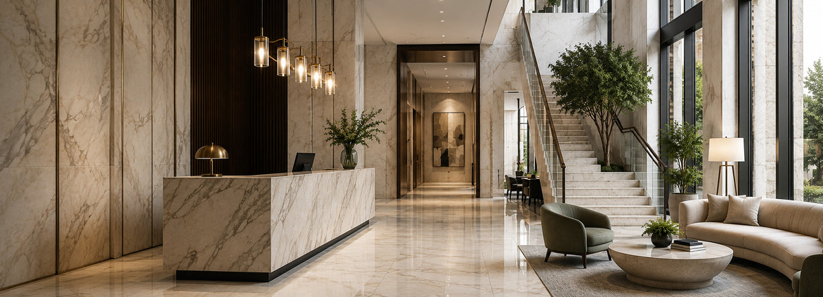 Luxury architectural interior featuring marble floors, stone walls, custom reception desk and staircase for residential and commercial project inspiration.