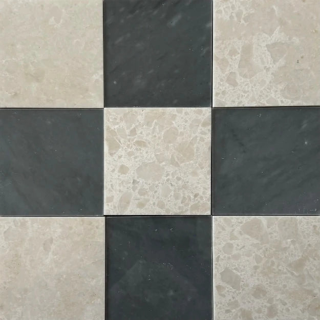 A checkerboard tile design combining creamy beige marble and Bardiglio Imperial blue marble, perfect for high-end interiors. The smooth and polished texture enhances the sophisticated look.
