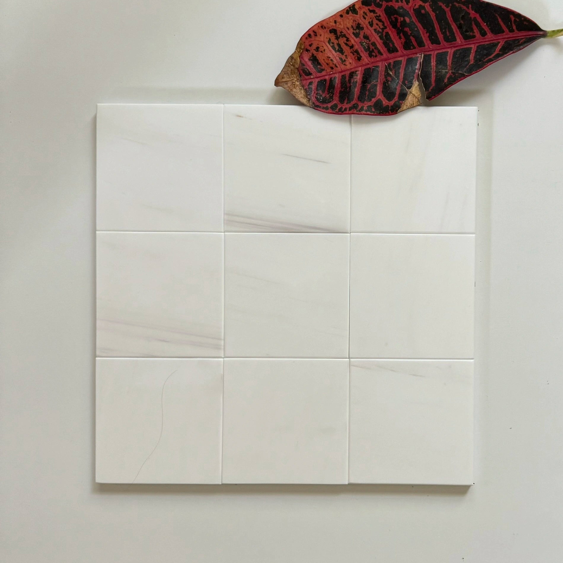 Close-up of polished Bianco Dolomite marble tiles in a grid arrangement. These classic white marble tiles are versatile and timeless, perfect for minimalist wall applications or refined kitchen countertops