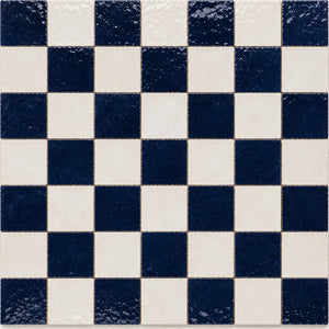 Pattern repeat of Camille 4×4 Zellige checkerboard in Indigo & Ivory.