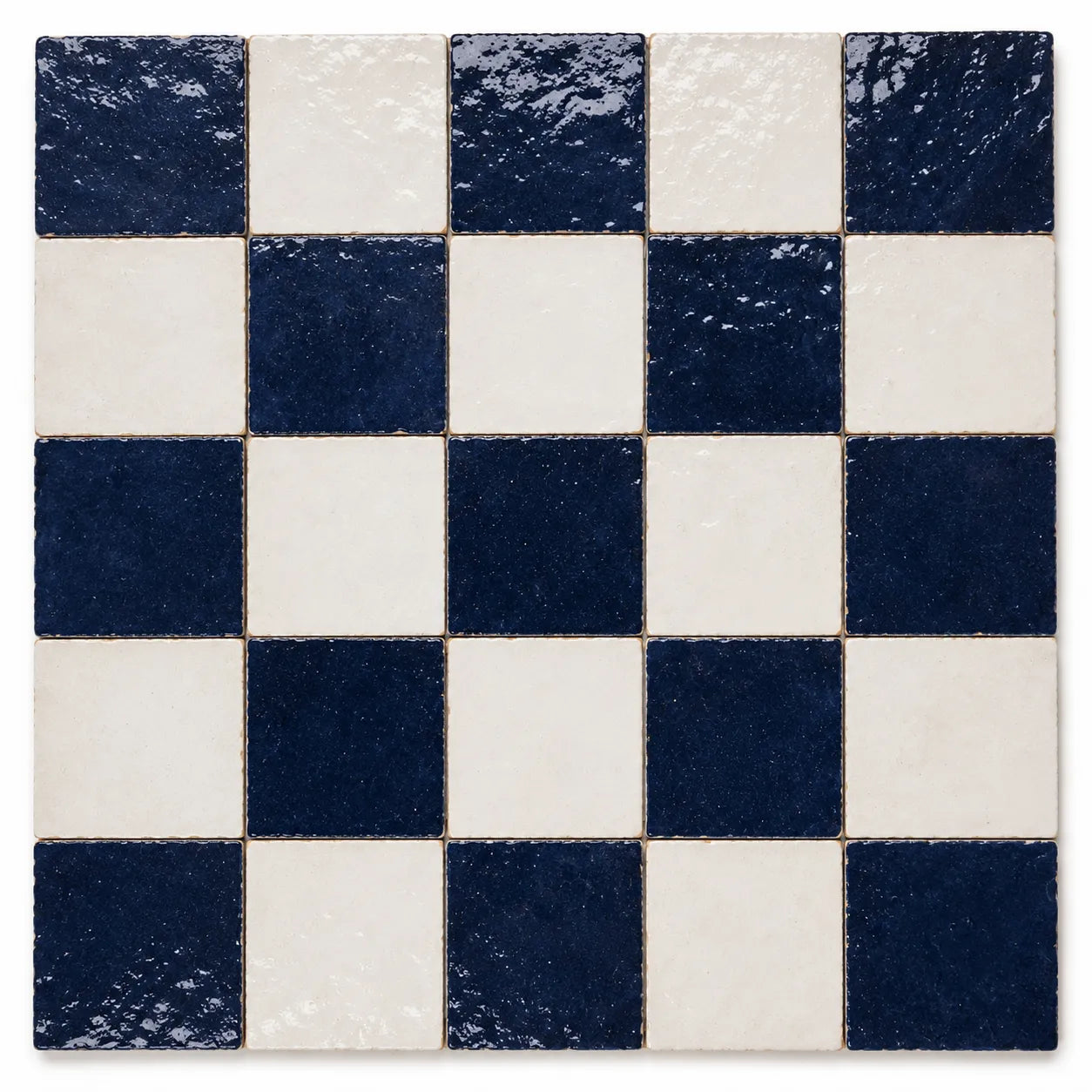 Camille 4×4 glossy Zellige checkerboard tile in Indigo & Ivory.