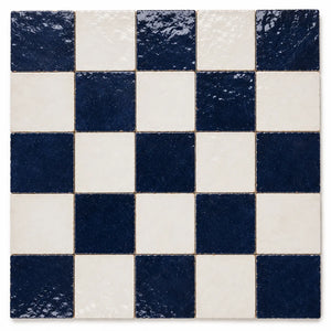 Camille Checkerboard Zellige Tile featuring handcrafted Indigo and Ivory Moroccan Zellige in a classic checkerboard pattern.