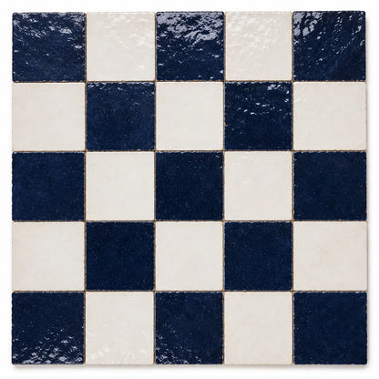 Camille Checkerboard Zellige Tile featuring handcrafted Indigo and Ivory Moroccan Zellige in a classic checkerboard pattern.
