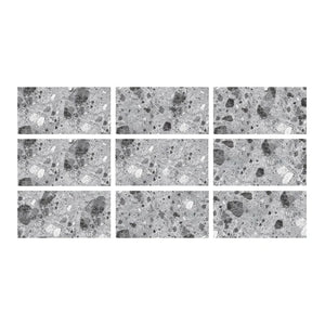 SeraPool Relax ceppo terrazzo grey porcelain pool tile, 9-face color variation swatch set.