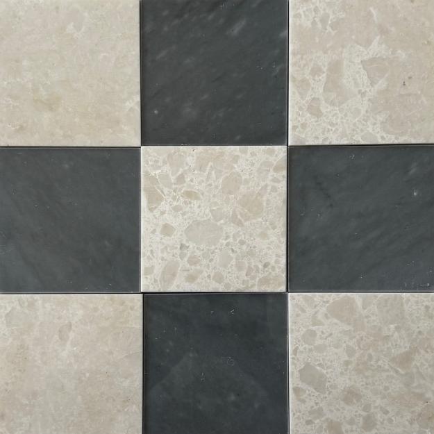 A checkerboard pattern featuring a striking contrast between creamy beige marble and Bardiglio Imperial blue marble tiles. The bold mix of colors and textures creates a sophisticated tile design for floors or walls.