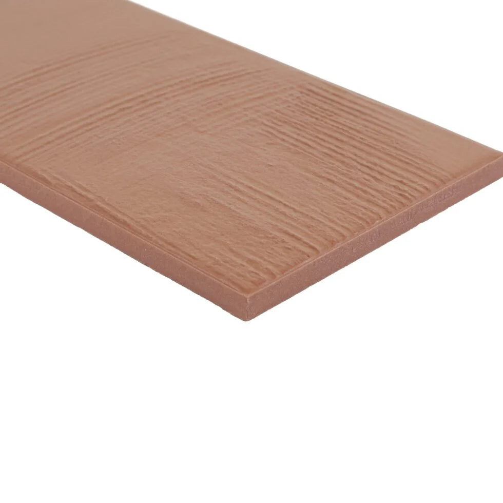 Corner detail of Clay Terracotta 3.5×7 porcelain tile with plaster-like striations.