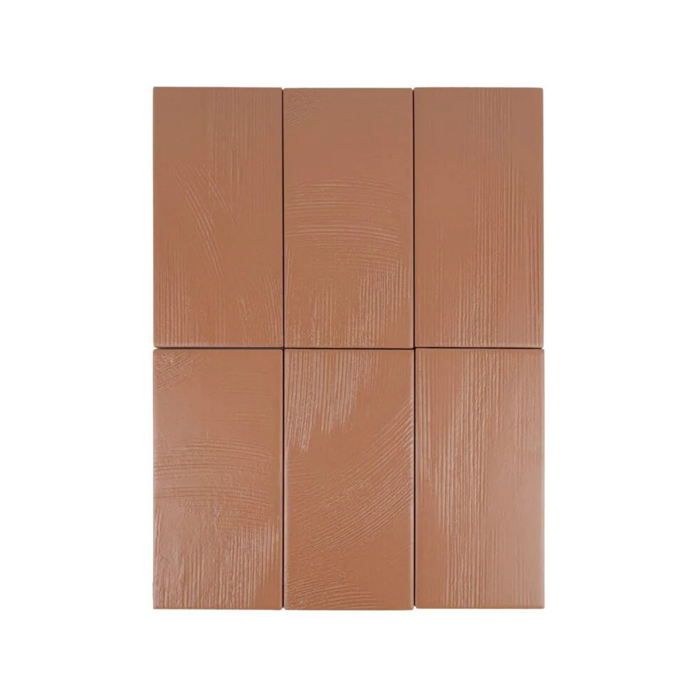 Six-piece board of Clay Terracotta 3.5×7 tiles showing matte stria texture.