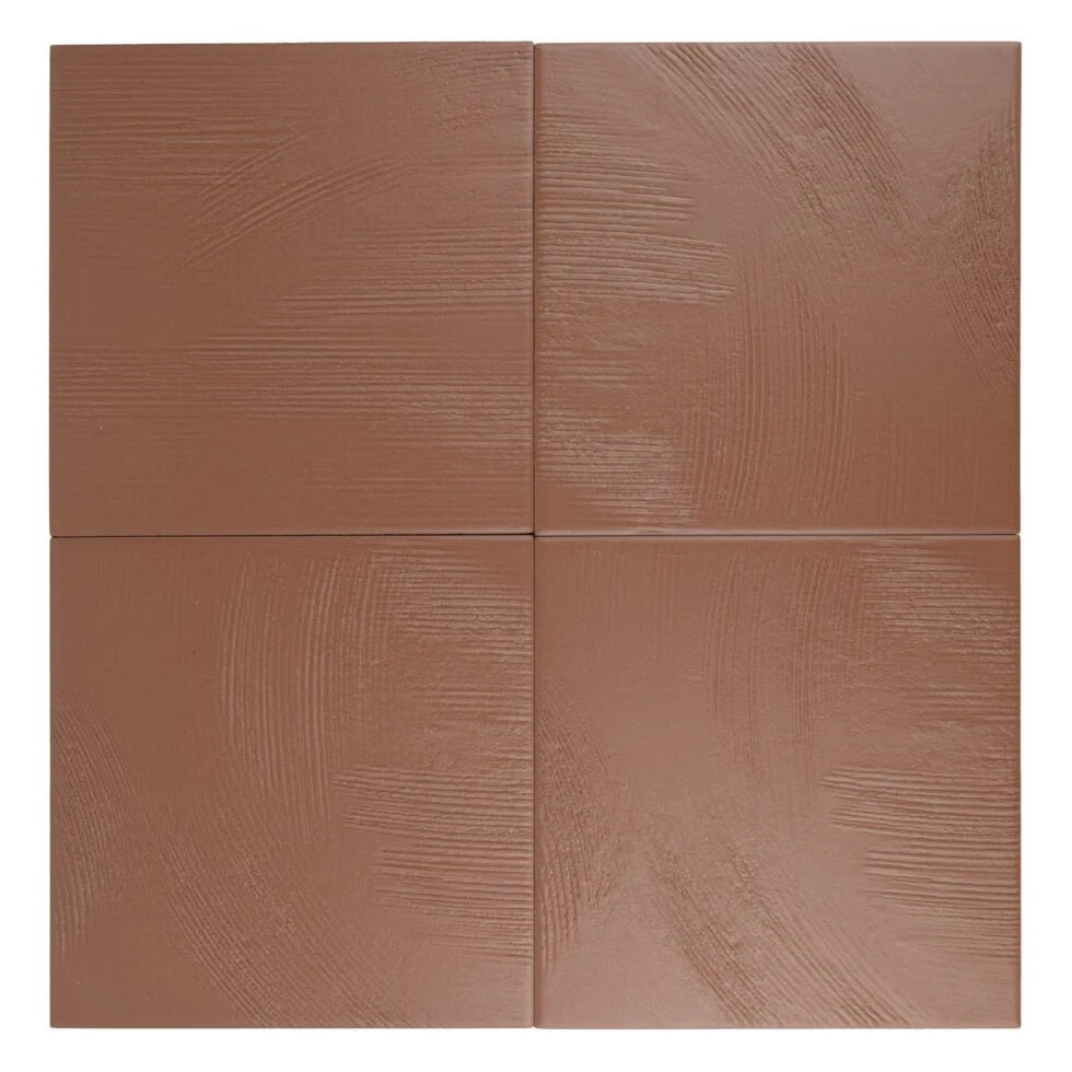 Four-tile sheet of Clay Terracotta 7×7 porcelain tiles with subtle brush striations.