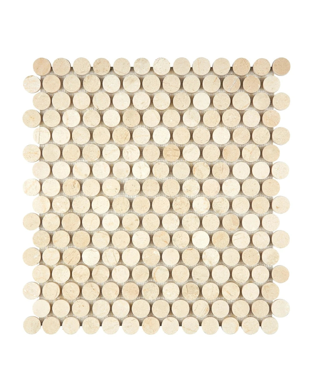 Crema Marfil penny round marble mosaic in polished or honed finish.