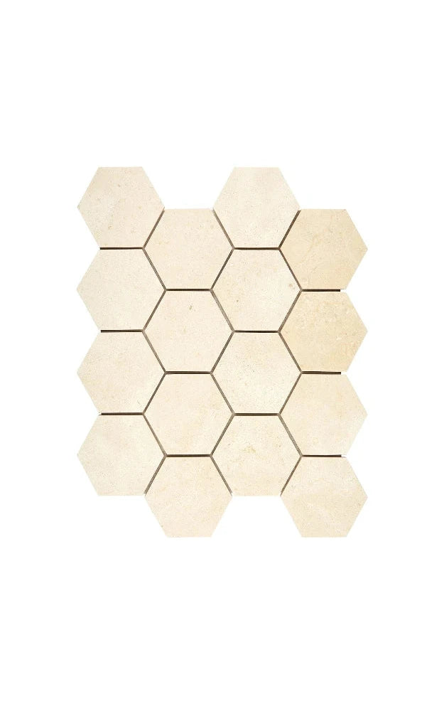 Crema Marfil 3-inch hexagon marble mosaic in polished or honed finish.