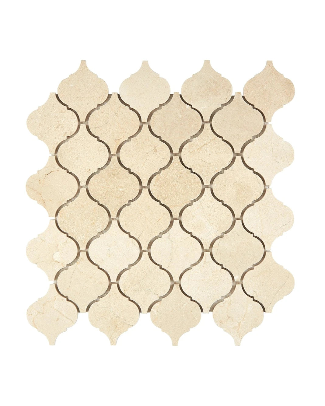 Crema Marfil arabesque marble mosaic in polished or honed finish.