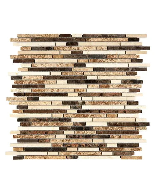 Crema Marfil Marble Bamboo Sticks with Emperador Dark Mosaic in polished beige finish