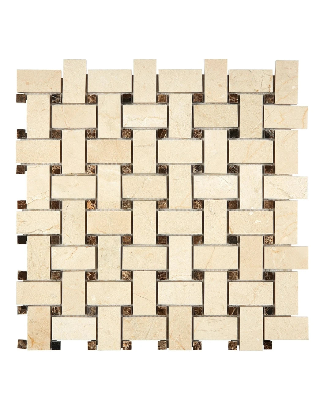 Crema Marfil basketweave mosaic with Emperador Dark dots in polished or honed finish.