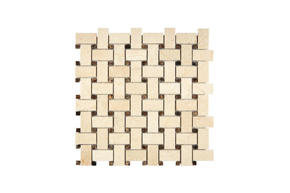 beige marble basketweave mosaic with brown dots