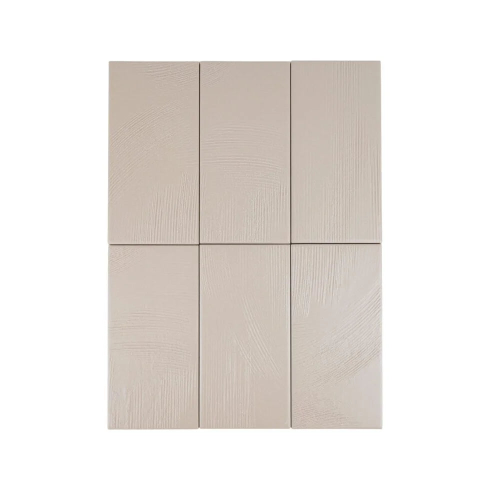 Dune Beige textured porcelain tile 3.5×7 6 Piece flat layout – Stria Collection by Arda Ogan.
