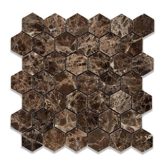 Emperador Dark marble 2 inch hexagon mosaic tile commercial and residential interior and exterior shower backsplash countertop deck patio wall floor decorative