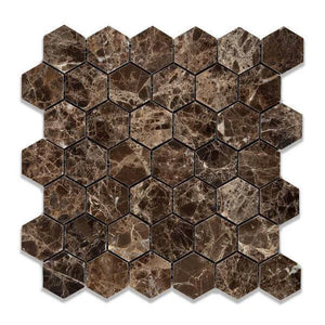 Emperador Dark marble 2 inch hexagon mosaic tile commercial and residential interior and exterior shower backsplash countertop deck patio wall floor decorative