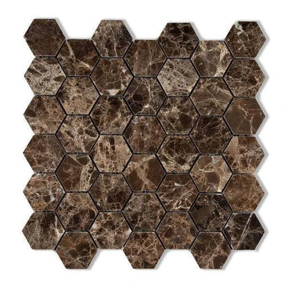 2-inch Emperador Dark Marble Hexagon Mosaic Tile in polished or honed finish, dark brown tones with natural veining